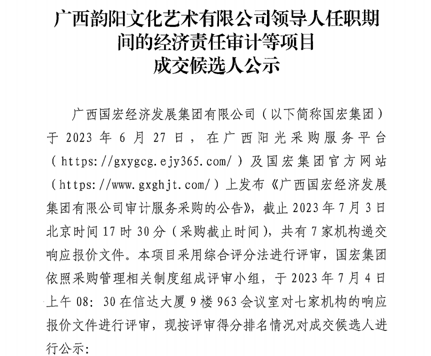 廣西韻陽文化藝術(shù)有限公司領(lǐng)導(dǎo)人任職期間的經(jīng)濟(jì)責(zé)任審計等項(xiàng)目成交候選人公示